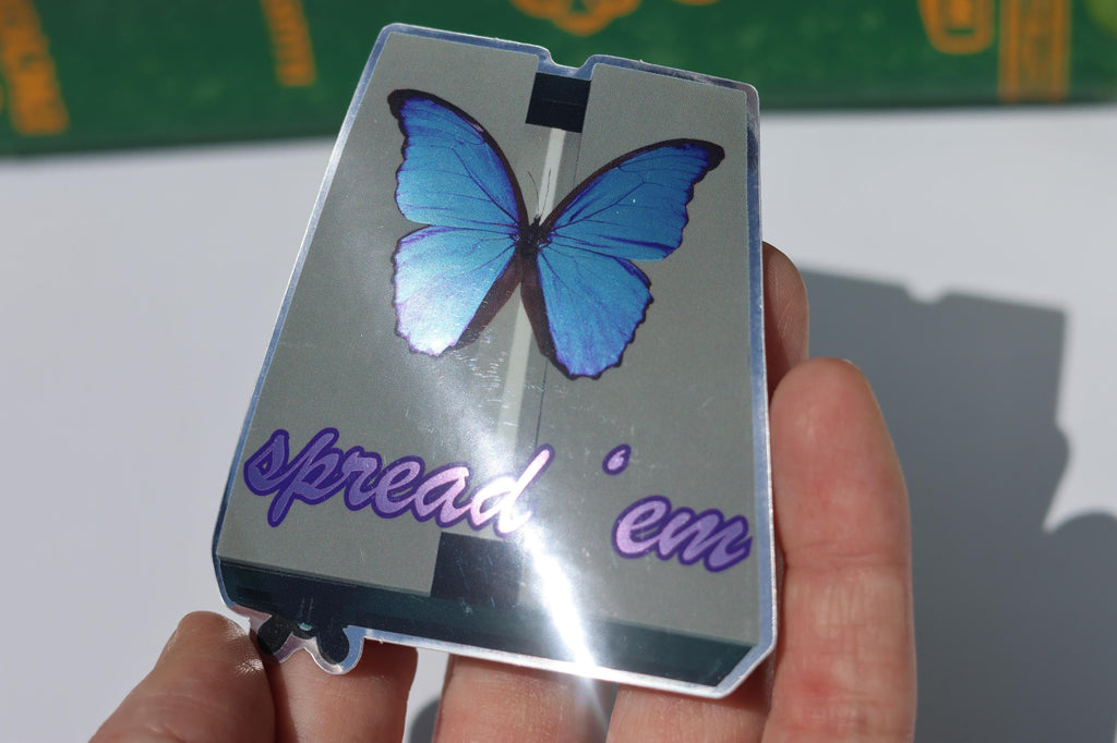 Blue Morpho Butterfly on Spreading Board “Spread ‘em” Metallic Vinyl Sticker
