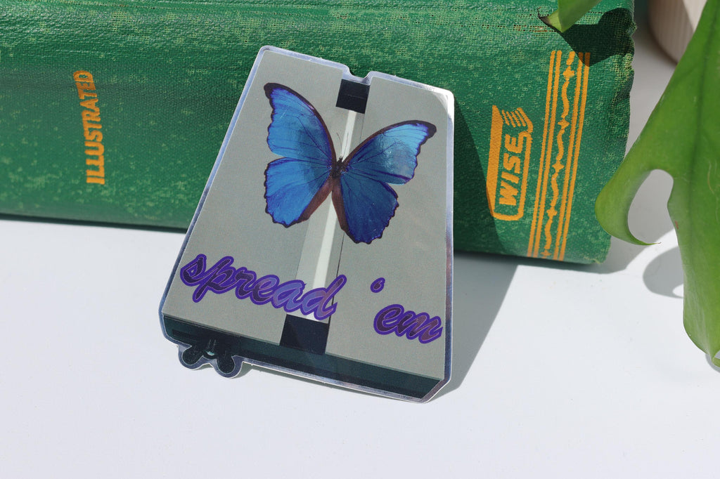 Blue Morpho Butterfly on Spreading Board “Spread ‘em” Metallic Vinyl Sticker