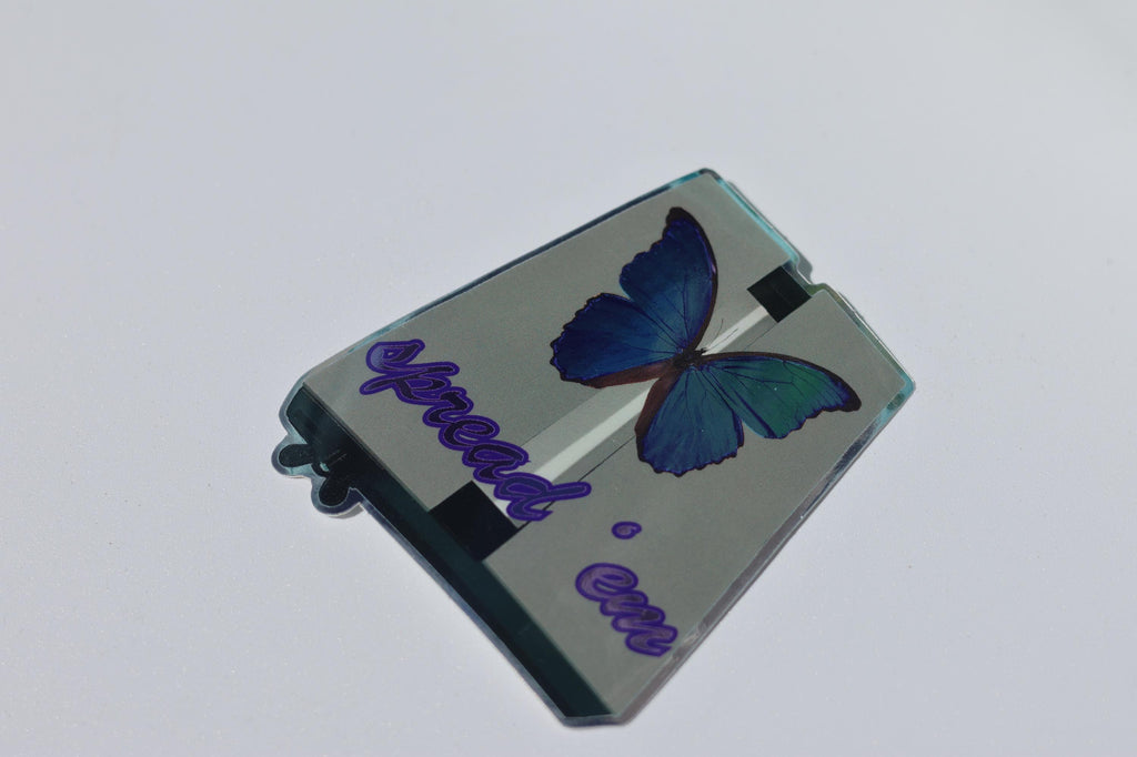 Blue Morpho Butterfly on Spreading Board “Spread ‘em” Metallic Vinyl Sticker
