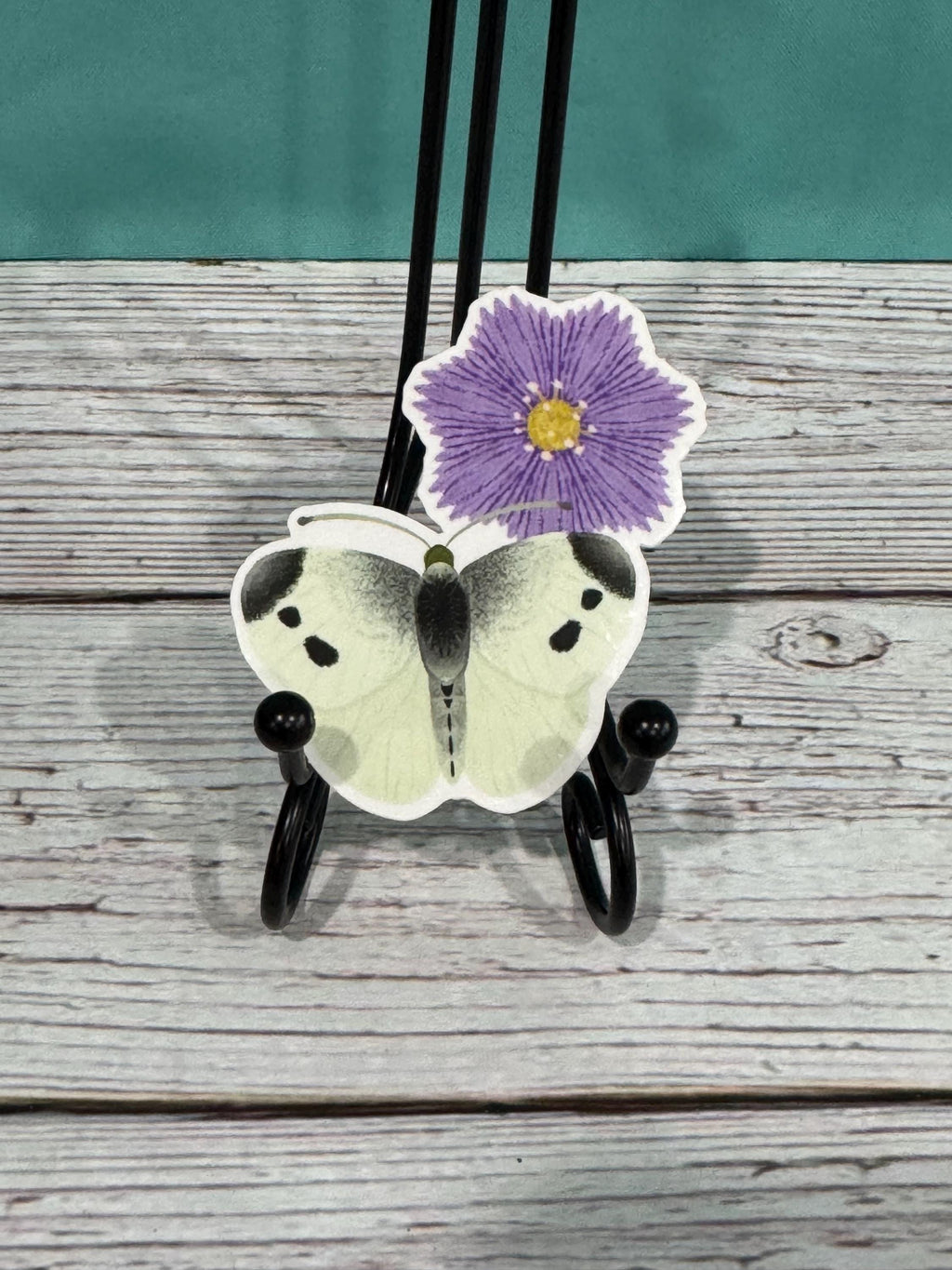 Cabbage White Butterfly on Purple Aster Flower Glossy Vinyl Sticker