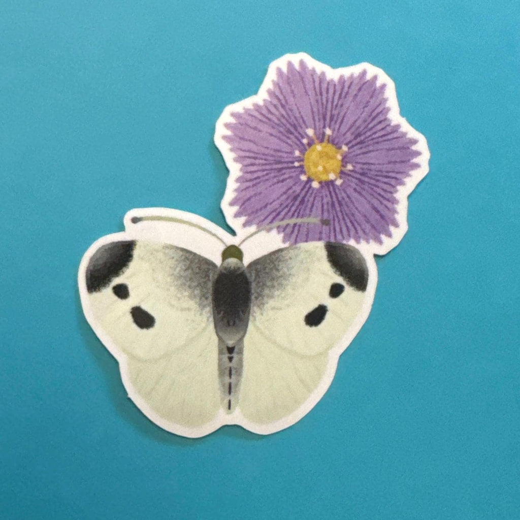 Cabbage White Butterfly on Purple Aster Flower Glossy Vinyl Sticker